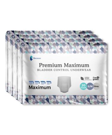 Because Premium Maximum Plus Pull Up Underwear for Men - Absorbent Bladder Protection with a Sleek, Invisible Fit - Grey, Small-Medium - Absorbs 4 Cups - 80 Count Small/Medium (Pack of 80)