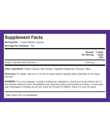 Piping Rock Acetyl L-Carnitine HCL 1000mg 100 Capsules | Brain Support Supplement | Vegetarian, Non-GMO, Gluten Free - Buy Online on GoSupps.com