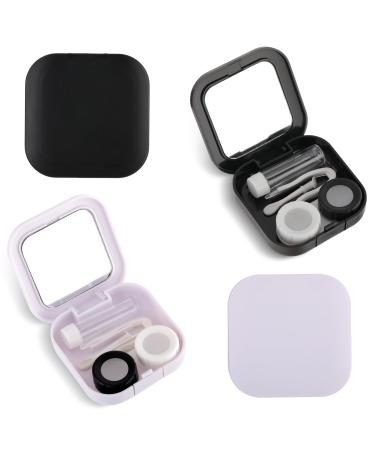 Amaxiu 2Pcs Contact Lens Case Cute Contact Lens Box Holder with Mirror Portable Soak Storage Kit with Remover Tool Tweezer Solution Bottle Colorful Contact Lens Container For Travel Home(White+Black)