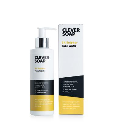 Clever Soap 3% Sulphur Face Wash - Exfoliating Blemish Control Cleanser - Suitable For Acne Rosacea & Oily Spot Prone Skin - Antibacterial Sensitive Sulfur Soap - Fragrance Free Formula