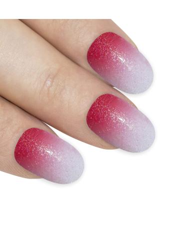 False Nails Bling Art Red Gel Ombre Oval 24 Artificial Nails Medium Tips with Glue