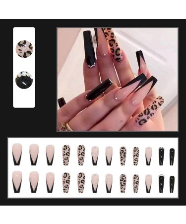 Black Leopard Extra Long Nude Coffin Press on Nails - 24PCS Luxury Acrylic Glossy False Nails for Women and Girls - Buy Online on GoSupps.com