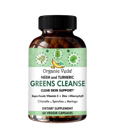 Organic Veda Neem & Turmeric Green Cleanse Supplement with Moringa Spirulina Chlorella - Support Liver Health Enhances Skin Glow - 60 Capsules