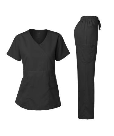 Dagacci Medical Uniform Women's Scrub Set Stretch and Soft Y-Neck Top and Pants Medium Black