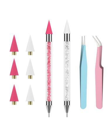 Rhinestone Picker Tool 2 Dual-Ended Wax Pencil for Rhinestones Rhinestone Applicator Dotting Pen with 6 Wax Tips and 2 Tweezers for DIY Nail Art