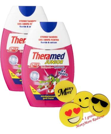 2 x 75 ml Theramed-Junior 2-in-1 with strawberry taste toothpaste & mouthwash in one! Children's mouthwash Children's toothpaste tooth paste & Mouthwash + 1 free eraser from Etymore*
