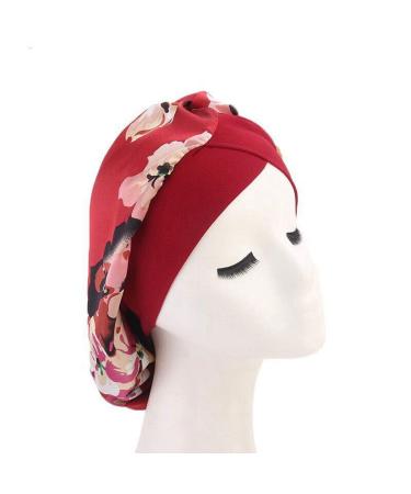 AOOMN Women Satin Lined Sleep Bonnet Hair Cap Sleeping Slouchy Hat Slap Headwear for Curly Frizzy Hair (Wine red)