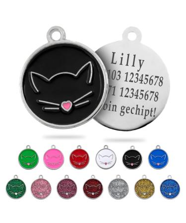 Ibera Gifts - Personalized cat brand for medium to large cats in round shape with cat with engraving name collar brand address trailer cat necklace (black)