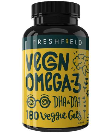 Freshfield Vegan Omega 3 DHA: 180 Veggie Capsules. Premium Algae Oil, Plant Based, Sustainable. Better Than Fish Oil! Supports Heart, Brain, Joint Health - with DPA Natural 180 Count (Pack of 1)