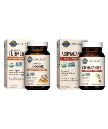 Garden of Life Organics Extra Strength 100mg Curcumin Turmeric 60 Tablets and Ashwagandha Stress & Energy Support 60 Tablets Bundle