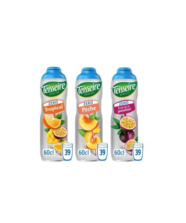 Teissir 3 Sirup Zero Sucres (tropical peach passion fruit) for refreshing drinks cocktails canisters recyclable 3 x 60 cl
