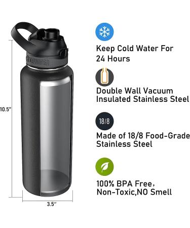ICEWATER 40 oz Stainless Steel Water Bottle with Auto Spout and Wide Mouth Lids - BPA Free, Double Walled Vacuum, Leak Proof - Black - Buy Online on GoSupps.com