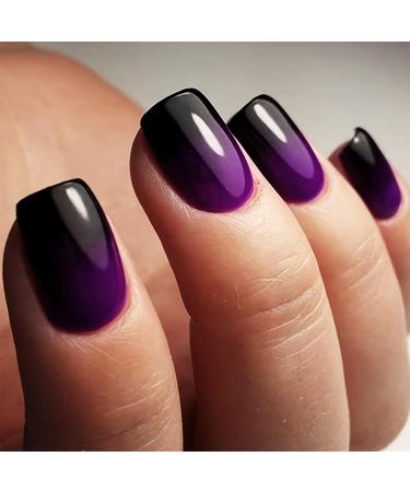 Gradient Purple Press on Nails Short Square False Nails Black French Tips Glue on Nails Glossy Full Cover Acrylic Fake Nails Acrylic Nail Kit for Women Girls Daily Wear 24Pcs