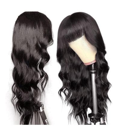 18 Inch Body Wave Wig with Bangs - Brazilian Virgin Human Hair for Black Women | 150% Density None Lace Front Glueless Natural Color Hairstyle - Buy Online on GoSupps.com