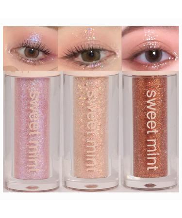 3Pcs Purple Champange Liquid Sparkly Eyeshadow Sticks.Quick-Drying Golden Liquid Glitter Eyeshadow Eyeliner Eyelid.Waterproof Highlight Inner Corner Shimmer Shiny Eye Looks sombra de para ojos 3-set01