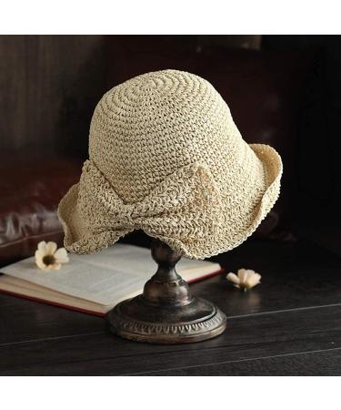 Women's Foldable Wide Brim Straw Beach Sun Hat with Bowknot - Adjustable Strap - Beige - Buy Online on GoSupps.com