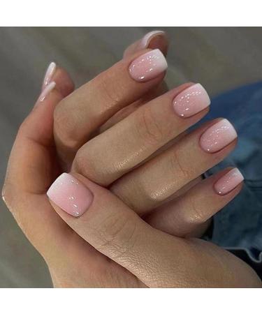 24 Pcs Ombre Pink Press on Nails Short Square - SHANRUN Cute Fake Nails Full Cover False Nails Press ons Nail Tips Art Kit with Glossy Designs Glue on Nails Stick on Nails Acrylic Manicure Women Design A