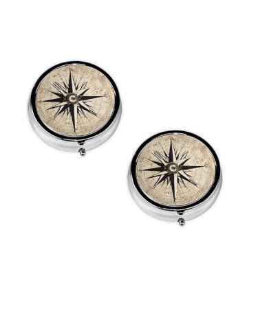 (Compass Map Nautical) Round Pill Box 3 Compartment Pill Box Mini Decorative Pocket Purse Portable Travel Medicine Tablet Vitamin Holder Organizer Pill Case