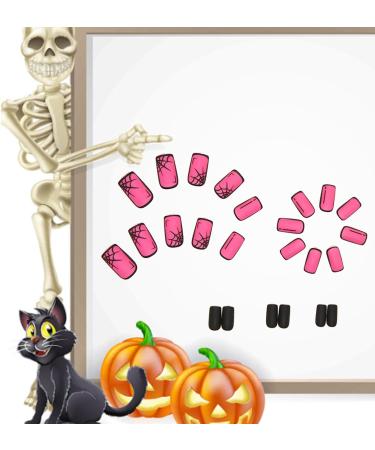 Halloween Fake Nails - Short Square Spiderweb Designs - Pink & Black Press on Nails for Women and Girls - Buy Online on GoSupps.com