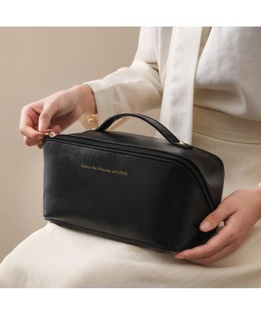 Rudmox Large Capacity Leather Travel Cosmetic Bag for Women - Organizer Toiletry Bag with Handle and Divider | Skincare, Cosmetics, Toiletries - Black - Buy Online on GoSupps.com