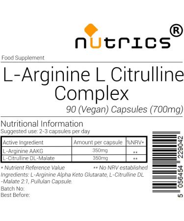 Nutrics 700mg L ARGININE & L CITRULLINE Complex 90 V Capsules - Vegan Vegetarian Halal & Kosher - Buy Online on GoSupps.com