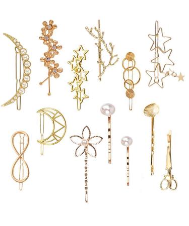 13 Pieces Hair Barrettes Hair Clips Minimalist Gold Hair Pins for Women Lady Girl Rhinestone Pearl Moon Star Tree Branch Elegant Handmade Fashion Hair Accessories for Party Wedding Daily