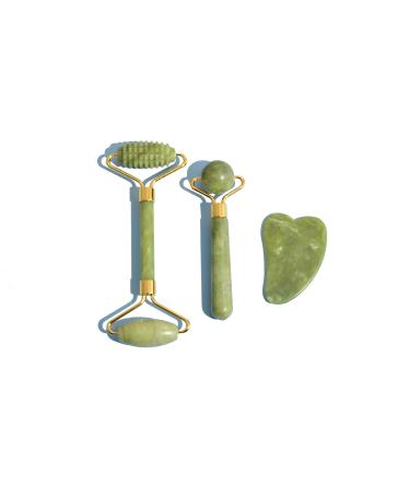3 in 1 Jade Roller & Gua Sha Set - Natural Jade Facial Massager with Textured Roller Anti Aging Skincare Tools for Face Eye Neck Massage Promote Serum Absorption Bester Gift for Women & Men