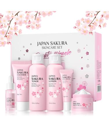 6Pcs Sakura Skincare Kit The Skin Care Set Includes Facial Cleanser Toner Lotion Essence Eye Cream And Face Cream Beauty Travel Skincare Gift Set For Teenage Girls Women