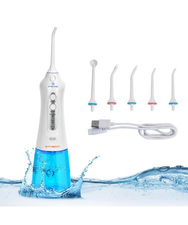 Water Flosser Cordless for Teeth, Portable Water Pick Teeth Cleaner Rechargeable IPX7 Waterproof with 3 Modes 5 Jets Dental Oral Irrigator Flosser, 300ML Detachable Water Tank for Travel Home White