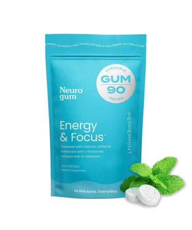 NeuroGum Energy Caffeine Gum (90 Pieces) - Sugar Free with L-theanine + Natural Caffeine + Vitamin B12 & B6 - Nootropic Energy & Focus Supplement for Women & Men - Keto & Vegan Peppermint Flavor
