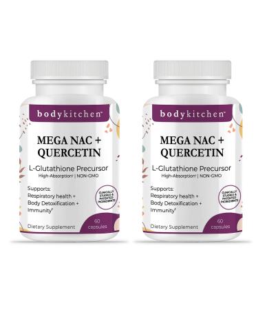 Body Kitchen Mega NAC (N-Acetyl Cysteine) 600 mg with Quercetin Supports Respiratory Health and Immune Function and Promotes Liver and Kidney Detox Veggie Caps (Pack of 2)
