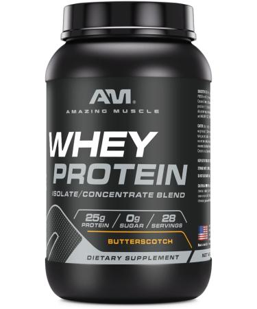 Amazing Muscle Whey Protein Isolate & Concentrate Supplement | 25 G per Serving | 2 LB (0.90 Kg) | Non-GMO | Gluten-Free Butterscotch Flavor - Buy Online on GoSupps.com