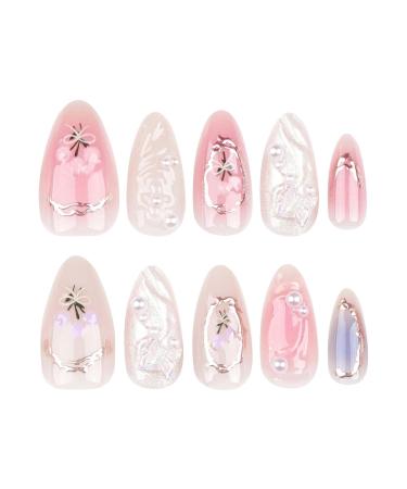 24 Pcs Short Almond Press on Nails with 3D Butterflies & Waves - Glue on Floral Acrylic Fake Nails for Women and Girls - Nude Stick On Nail Sets - Buy Online on GoSupps.com