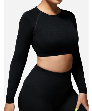 YEOREO Seamless Long Sleeve Crop Gym Shirt for Women - Black, Small (Open Back Design) - Buy Online on GoSupps.com
