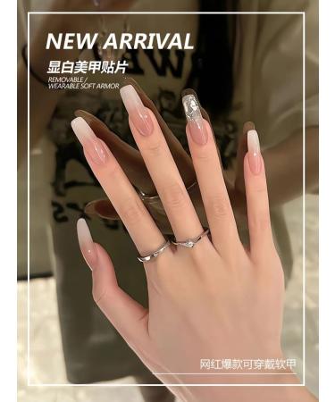 24Pcs/Set Press On Nails Long Milky White Gradient Diamond False Nails Acrylic Fake Nails Full Cover Nails Tips Artificial Finger Manicure Press on nails for Women and Girls - Buy Online on GoSupps.com
