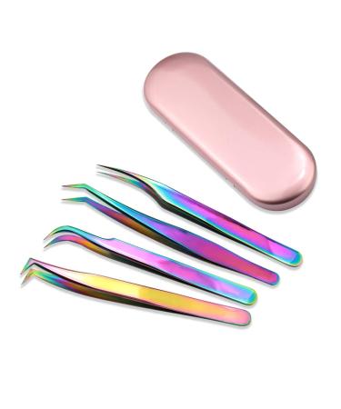 Nibiru Eyelash Extension Tweezers Set, 4 PCS Stainless Steel Curved Tip Precision Tweezers Anti-static Professional Makeup Tool (4pcs, Rainbow)