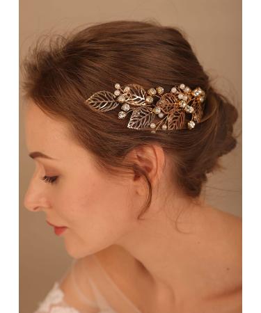 Deniferymakeup Rose Gold Leaves Hair Vine Bridal Hair Pearl Vine Wedding Hair Vine Wedding Hair Accessories for Bride (Gold)