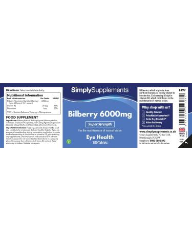 Bilberry Extract Tablets - 6000mg | 180 Tablets | Vegan | Vitamin B2 | Healthy Sight & Vision | UK Made - Buy Online on GoSupps.com
