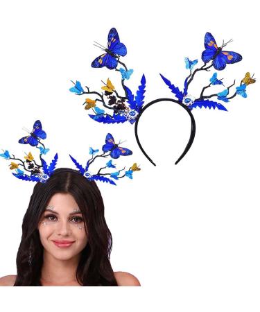 Flayem Halloween Blue Butterfly Headband Antlers Cosplay Hairband Blue Crystal Hairhoop Adjustable Party Hair Accessories for Women and Girls