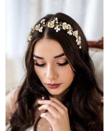 IYOU Bridal Wedding Hair Vines Gold Flower Headband Leaf Pearl Headpiece Bridesmaid Bride Hair Accessories for Women - Buy Online on GoSupps.com