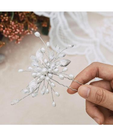Handcess Bride Wedding Pearl Hair Pins Silver Leaf Headpieces Crystal Bridal Hair Accessories for Bride and Braidesmaids - Buy Online on GoSupps.com
