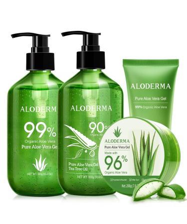 Aloderma Aloe Vera Gels Set 4 Pieces - 300g Aloe Gel 300g Aloe Gel + Tea Tree Oil 200g Aloe Vera Gel 114g Aloe Vera Gel - Hydrating Soothing Moisturizing