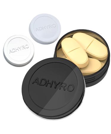 (Clear) ADHYRO Small Pill Case for Purse(3 Pack) Aluminum Portable Pill Box Single Mini Pill Box Twist On and Off to Hold Vitamins Fish Oils (Black Silver White)