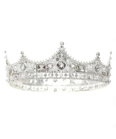 FORSEVEN King Crown for Men - Baroque Vintage Crystal Pearl Tiara for Prom, Wedding, Birthday Party - Silver Royal Costume Accessory - Buy Online on GoSupps.com