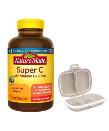 Nature Made Super C with Vitamin D3 and Zinc 200 Tablets with a Khaki Travel Pill Organizer 8 Compartments Portable Pill Case for Medicine Vitamins Supplement