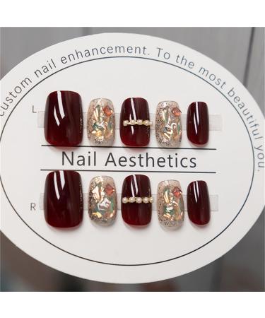 New Year Red Glitter Fake Nail Square Short Press on Nails Tips Nail Art Decoration for Women and Girls Manicure 24pc - Buy Online on GoSupps.com