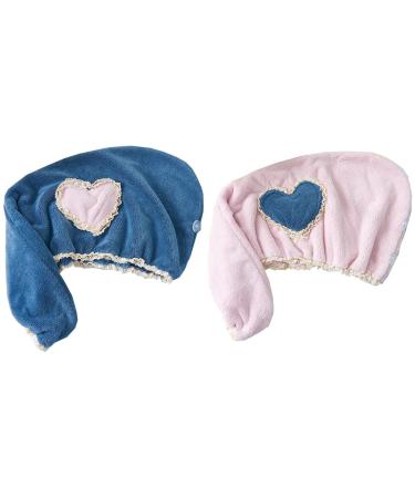 Microfiber hair towel lace edge soft hair-towel cap cute hair turban absorbent hair dryer search with a button for women (pink and blue) 2 pieces