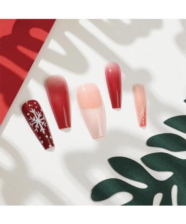 Coffin Christmas False Nails Set - Red Gradient Snowflake Xmas Design | 24Pcs Long French Fake Nails with Nail Glue for Women & Girls - Buy Online on GoSupps.com