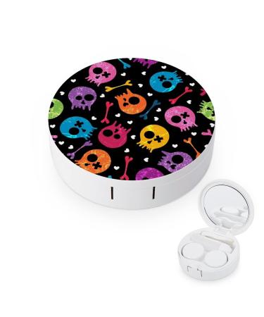 Colored Skull Round Case For Contact Lens Kit Storage Box with Mirror Printed