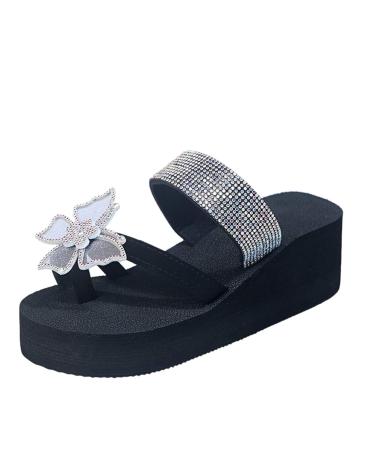 XTZYGLFD Orthopedic Sandals Women Casual Slope Heel Schleife Strass Slipper Sandals Sub bohemian beach shoes flip -clapes silver 5 UK